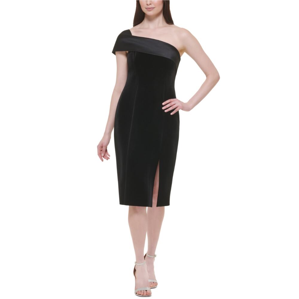 Eliza J Black Velvet and Satin One Shoulder Midi Sheath Cocktail Dress Size 14